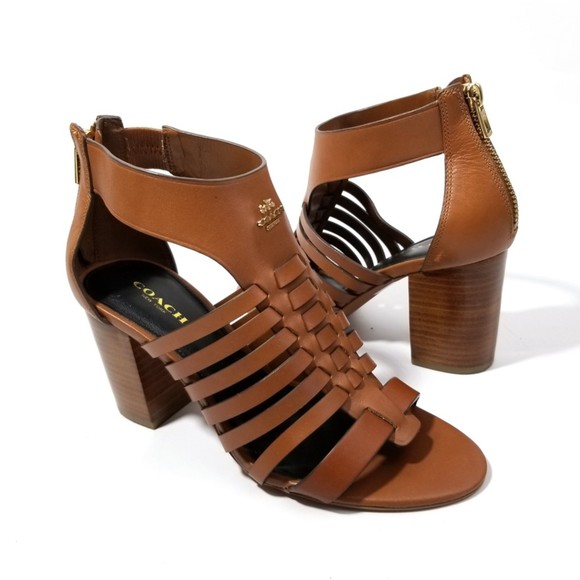 Coach Shoes - Coach Leandra Brown Leather Cutout Cage Strap Heels